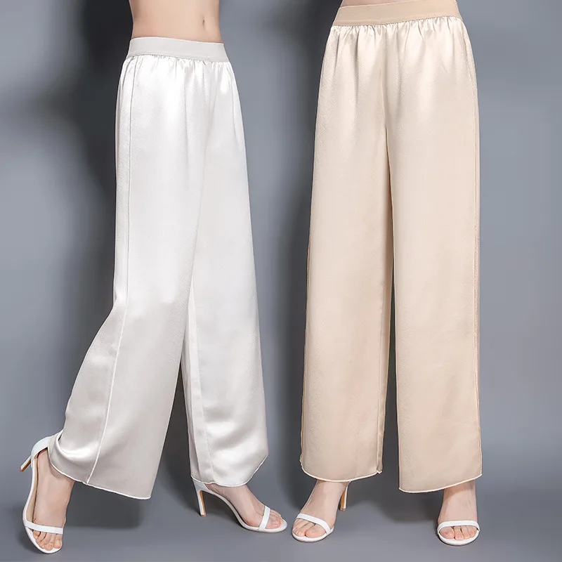 Birdsky, 1PC Women trousers pants straight pant wide elasticwaist real mulberry silk satin spandex 3 colors, S-934