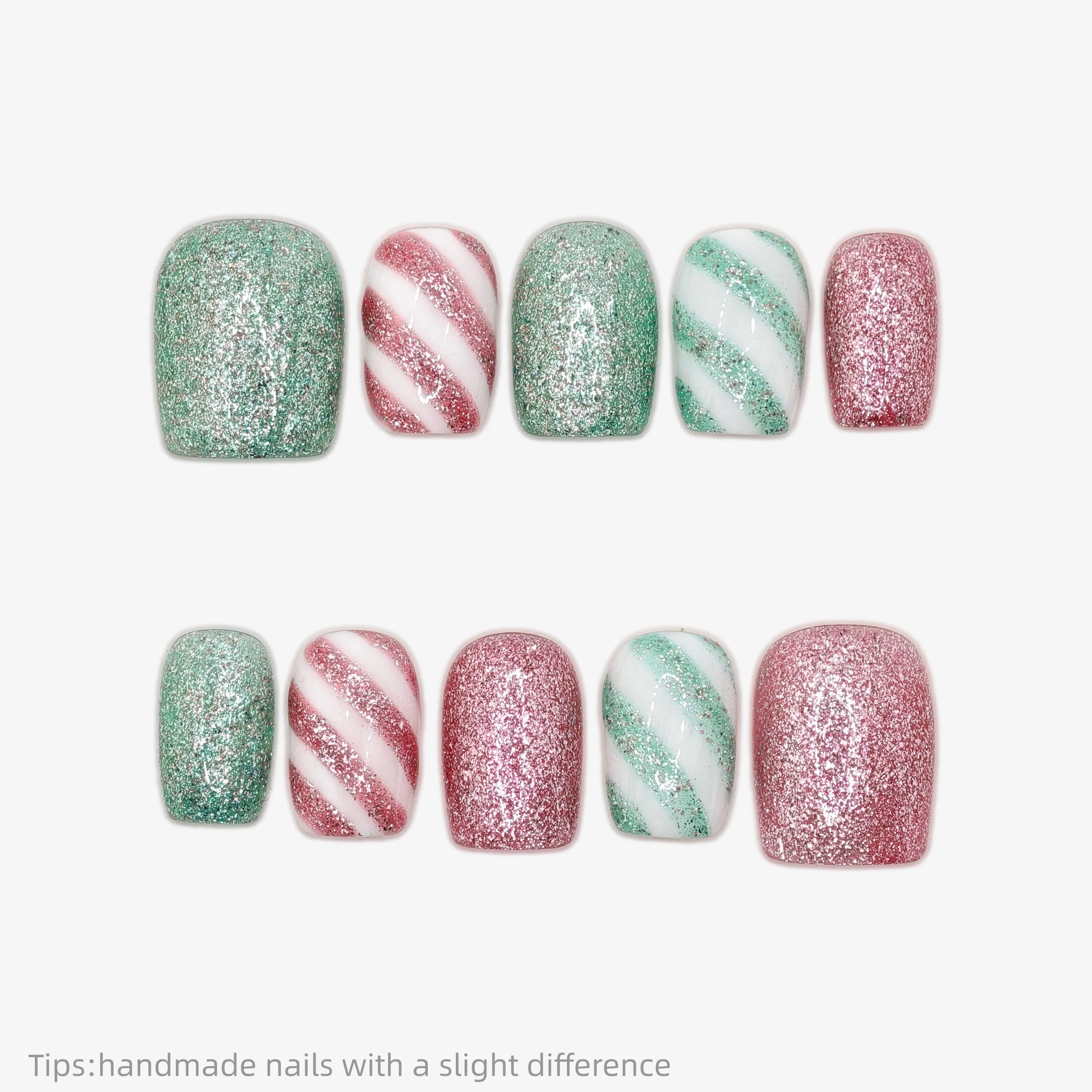 10 pçs artesanal verde vermelho glitter listra imprensa em unhas quadrado curto wearable reutilizável festival moda unhas falsas 2026