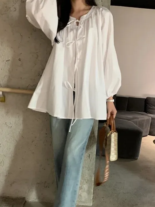 

White Women's irt Autumn Season Stand Collar Knot Belted Lantern Sve Layered Wear Sun Protection Open Cardigan