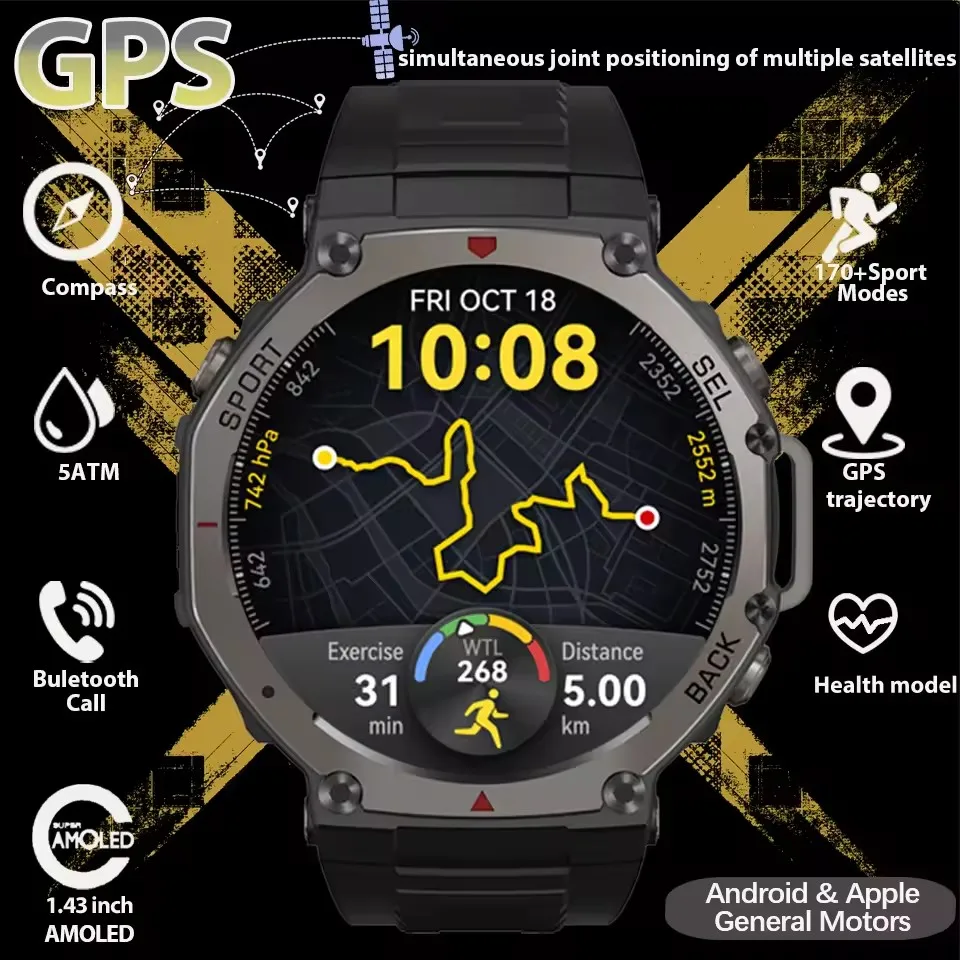

Мужские умные часы со встроенным GPS-компасом, 5 АТМ, уличный водонепроницаемый AMOLED HD-экран, фитнес-спортивные умные часы для телефонов Android IOS