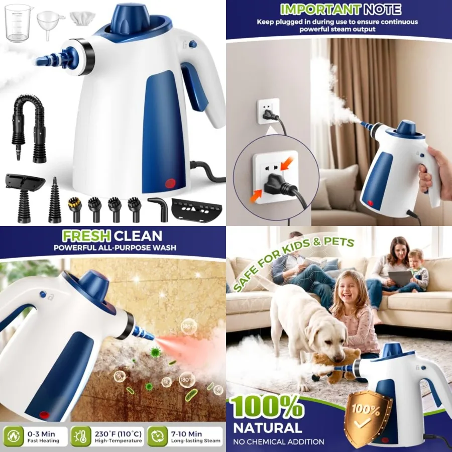 

Handheld Steam Cleaner, 230°F Pressurized Steamer with No Water Spitting and Continuous Steam, 350ML Chemical-Free Deep Cleanin