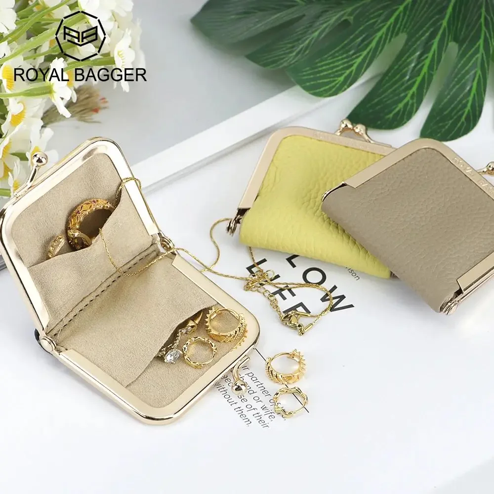 

Мини-шкатулка для украшений Royal Bagger из натуральной кожи, ультратонкий кошелек для монет с застежкой Kiss Lock, для хранения колец и ожерелий, тонкая маленькая сумка для хранения