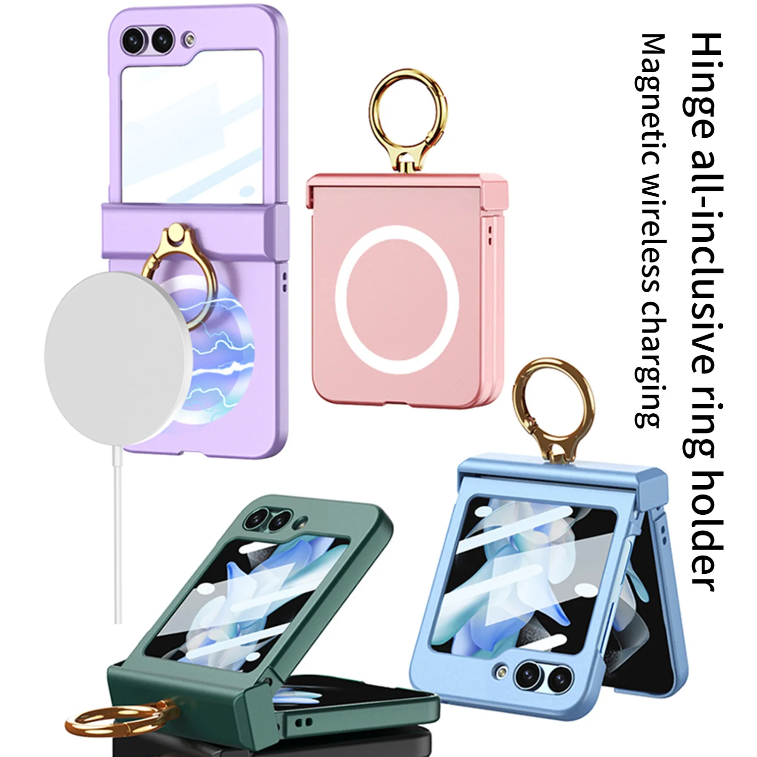 

For Samsung Z Flip 5 Magnetic Phone Case Folding Screen Finger Ring Wireless Charging Swivel Full Cover Protective Case