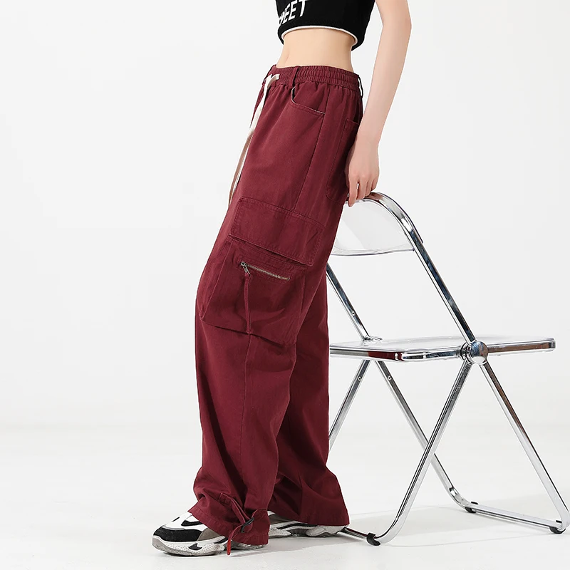 

American Hiphop Wine Red Workwear Pants Men's Autumn New Straight Leg Wide Leg Street Dance Casual Long Trousers Trendy Brand
