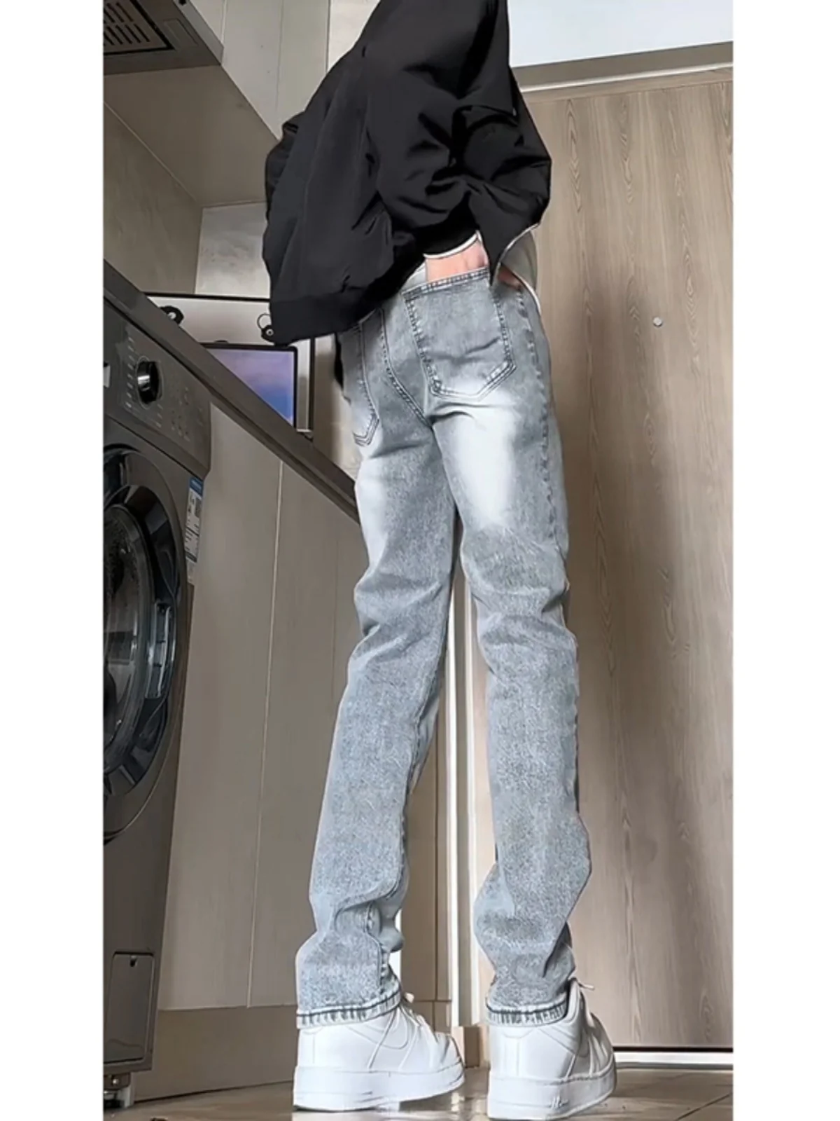 

Slim Fit Fce Lined Straight Leg Jeans Men's Autumn Winter ey Cement Color High Street American Sle Bell Bot