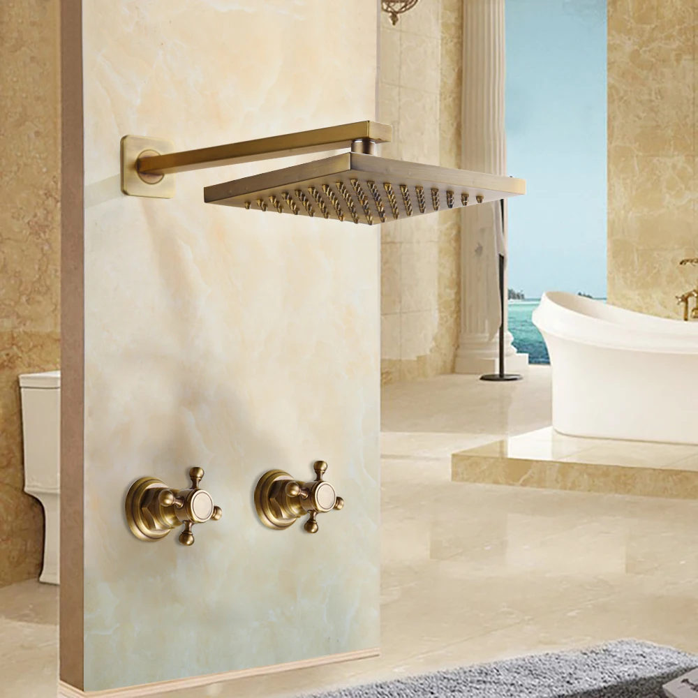 KEMAIDI Shower Faucet Sets 8 inch Antique Brass Round Rainfall Shower Head Wall Mounted Bathroom 2 Handles Shower Systerm