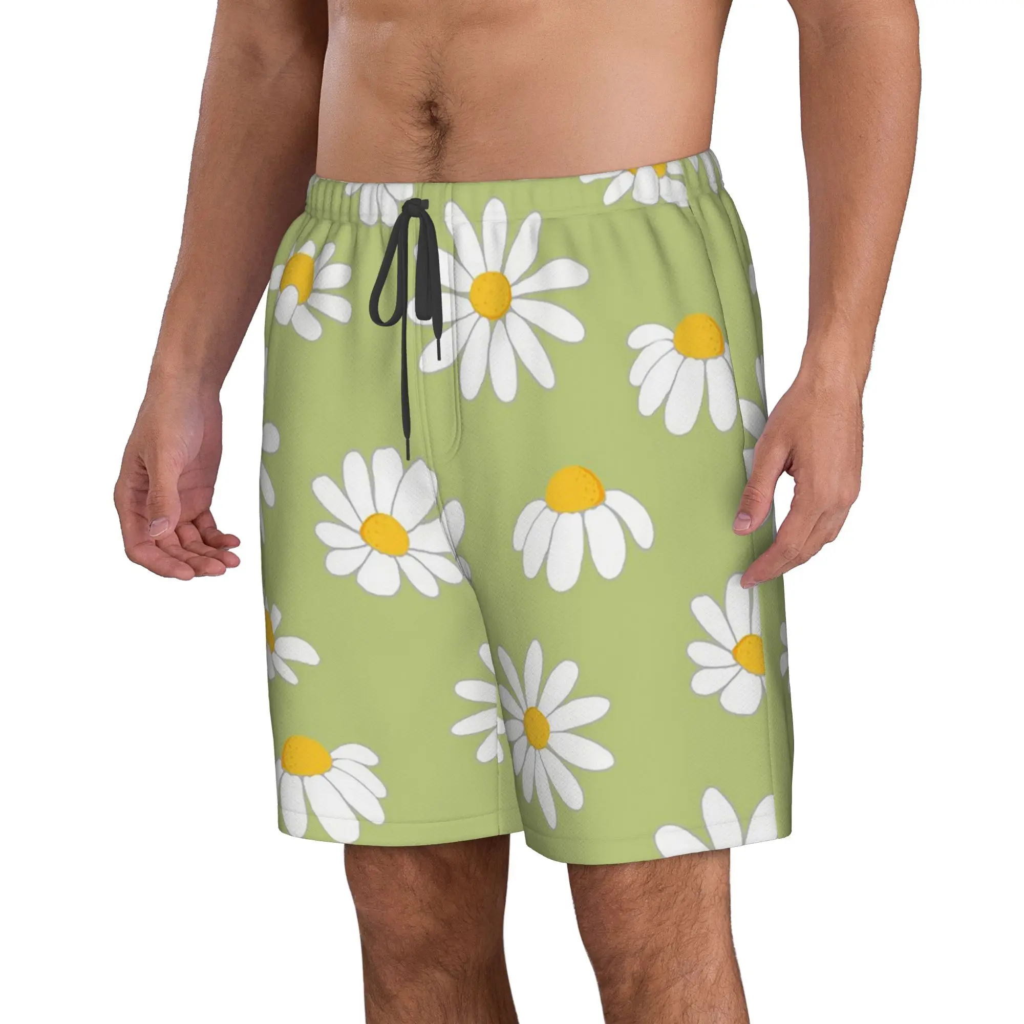Macaron Colour Green Daisy Pattern Trunks Beach Board Shorts Casual Quick Dry Swim Summer Men Pants