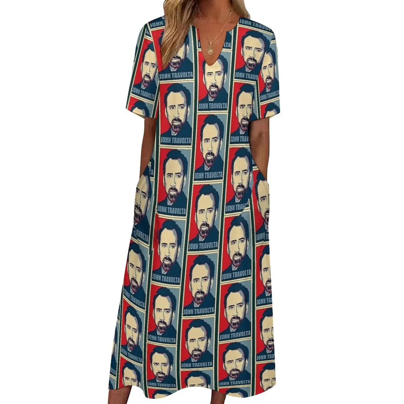 Nicolas Cage John Travolta Dress  Trendy Maxi Dress Short Sleeve Graphic Casual Long Dresses Street Style Oversize Vestido