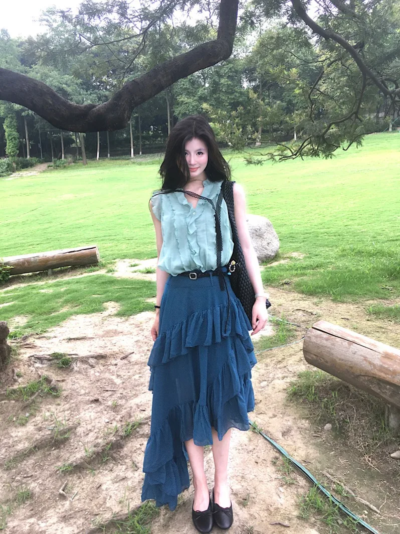 

Retro Asymmetrical Long Dr een Lace Trim V-Ne Svel A-Line Skirt Set Women's Faion Ensemble Polyester Fabric