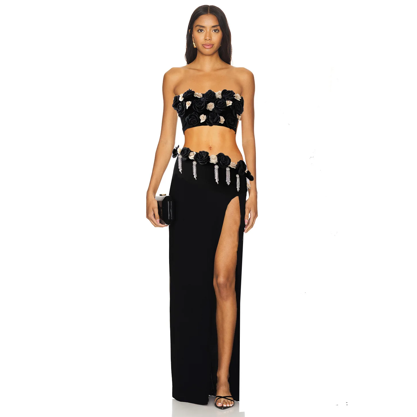 

Black Sexy Strapless Florals 2 Piece Skirt Set Women Strapless Crop Top +high Waist Irregularity Skirts Sets Women's Suits