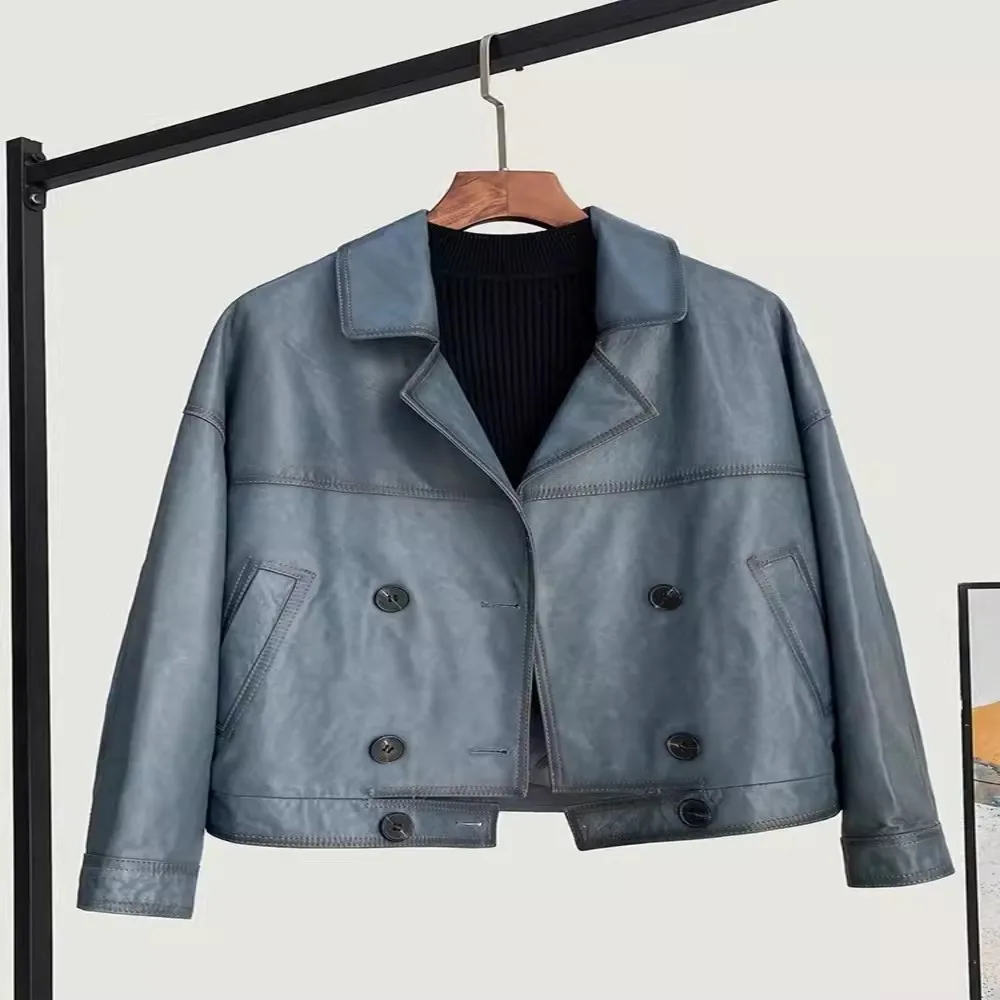 Veste en cuir véritable à double boutonnage pour femme, manteau en peau de mouton véritable, col à revers, coupe adt, décontracté, moto, printemps, nouveau