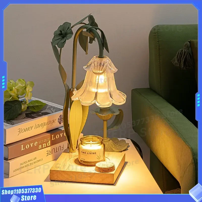 Pastoral Lily of the Valley Melting Candle Lamp Dimmable Bedside Night Light for Bedroom Fireless Aromatherapy Wax Warmer