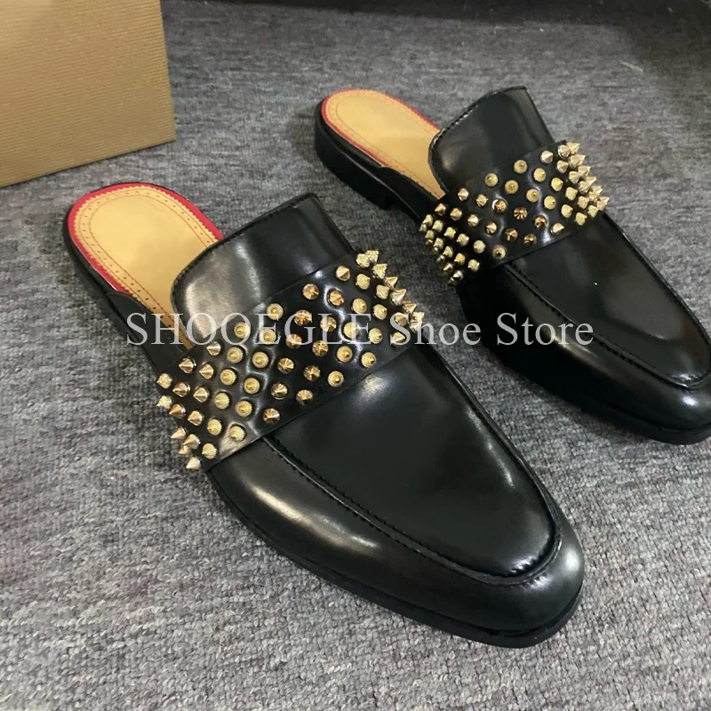 Studded Slippers Flats Toe Half Shoes For Men Loafer Shoes Gold Rivet Small Square Toe Men\'s Shoes Summer Casual Flat Shoes