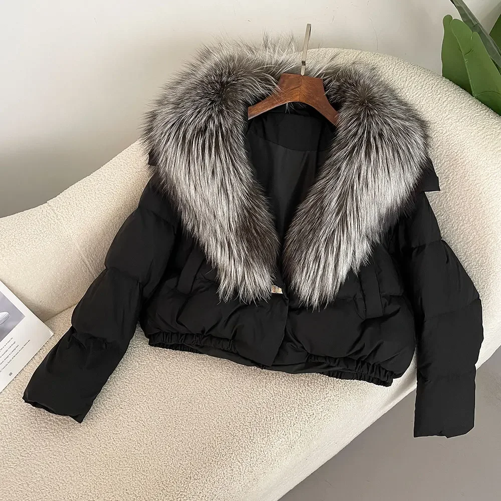 2024 New Winter Real Fox Fur Jacket Women Big Real Fox Fur Collar Natural Thick Warm Duck Down Coat Short Outerwear Streetwear