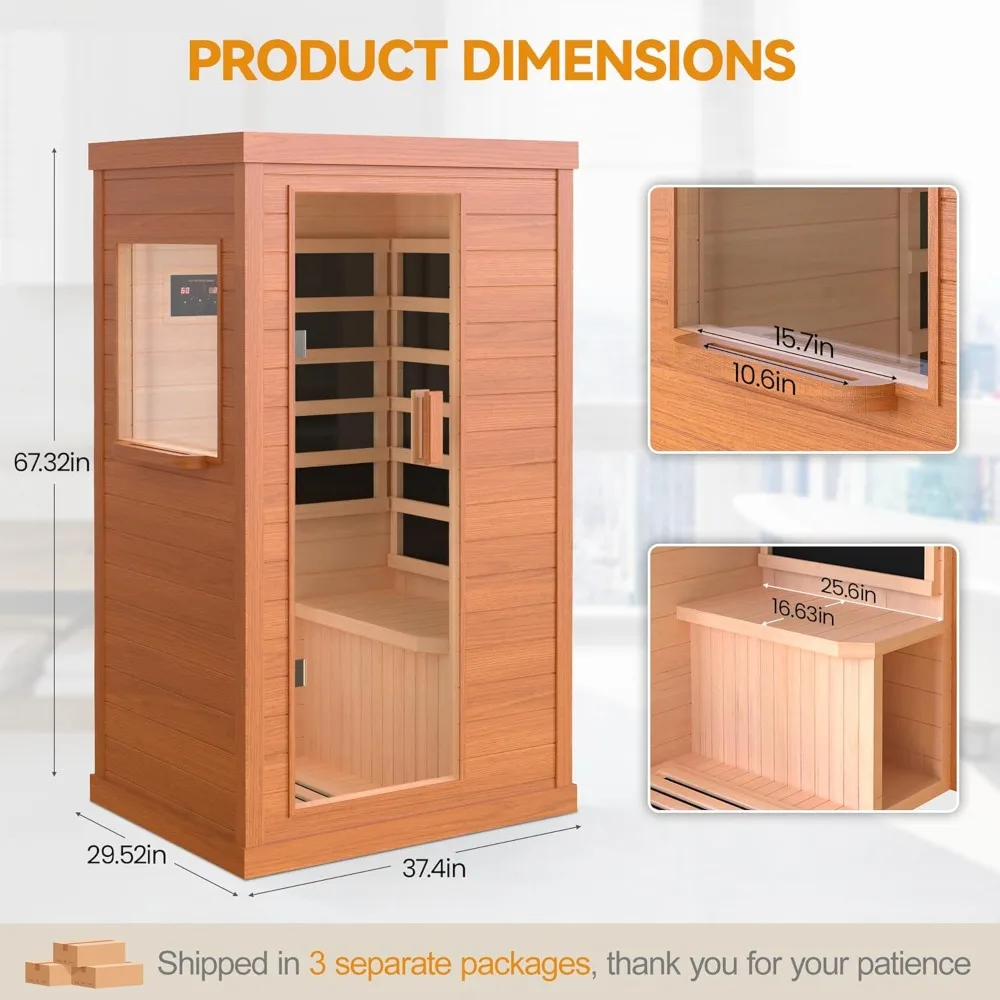 Far Infrared Wooden Sauna, Indoor Sauna with Bluetooth Speakers & 5 Heating Panel, Intelligent Control Panel, 900W Dry Sauna