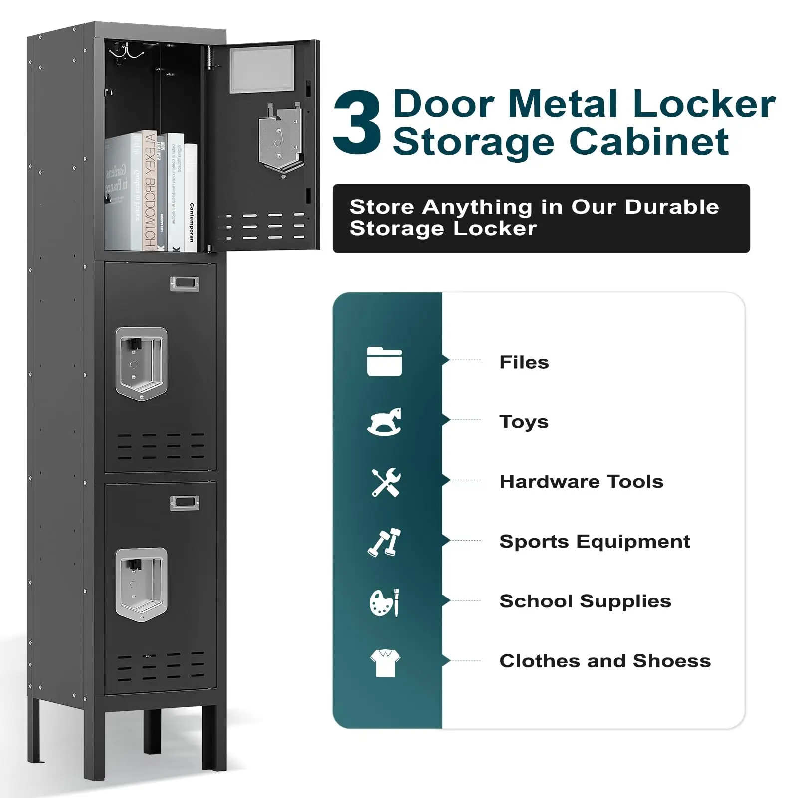 Metal Locker with 3 Doors Employees Locker, Metal Storage Locker with Hooks, 66" Storage Cabinet Lockers for Employees, Home, Of