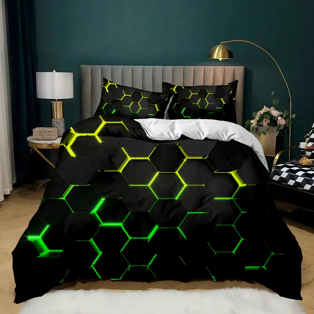 Capa de edredão geométrica multicolor favo de mel hexágono conjunto de cama tema geométrico textura de metal simplificar poliéster aculit capa