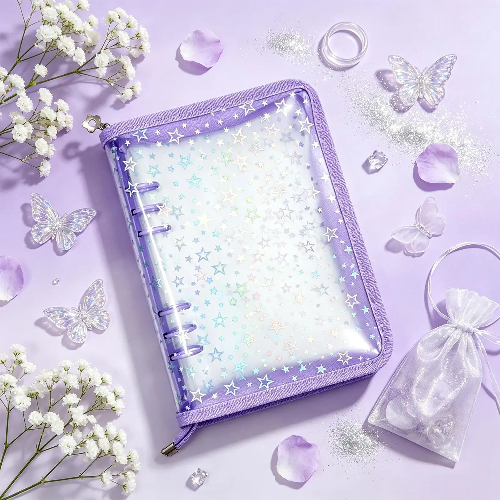 A5 Laser Star Zipper Binder Collect Book Refill Organizer DIY Journal Daily Transparent Kpop Idol Binder Postcards Organizer