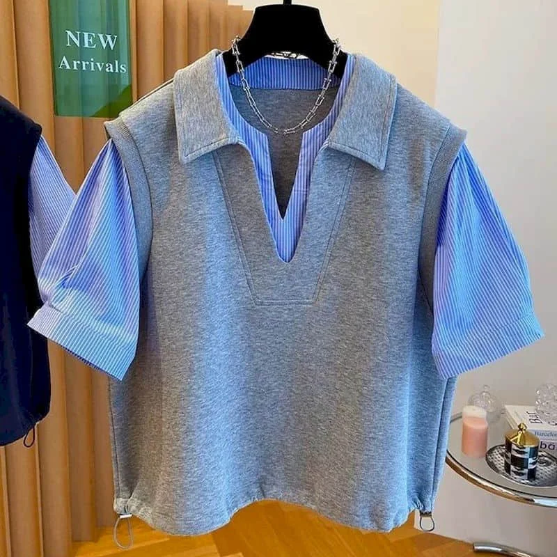 

Polo-neck T-shirts Women Patchwork Fake Two Pieces Tops Oversized Casual Korean Style Short Sleeve Large Size Aesthetic Clothes