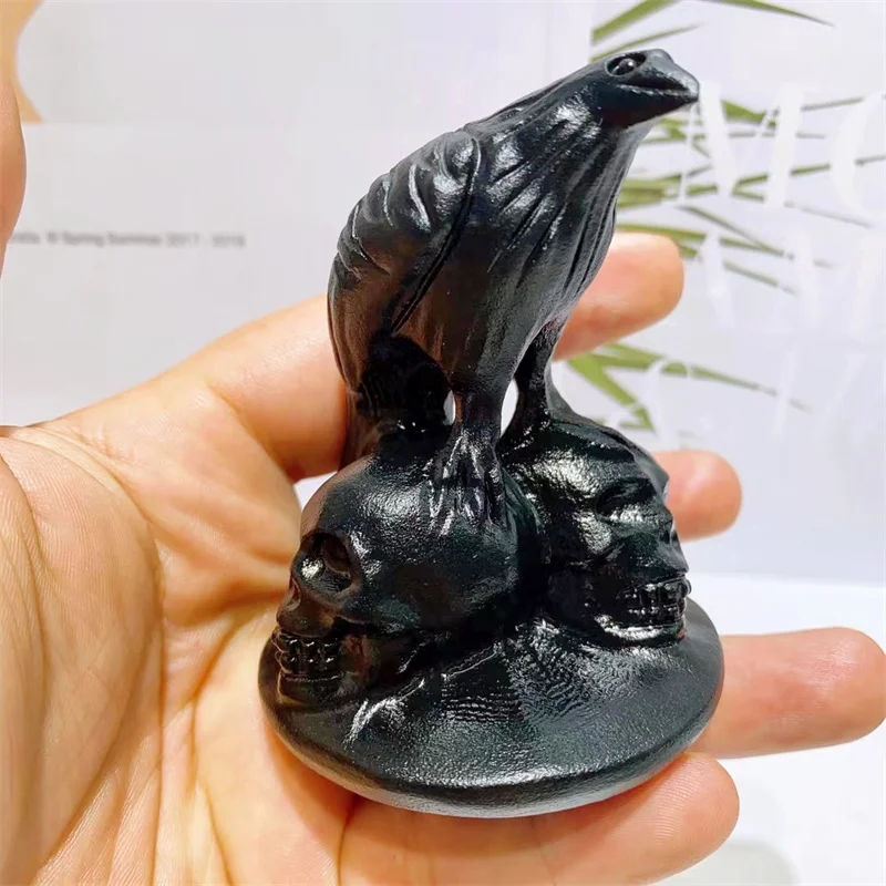 Natural Black Obsidian Crow Skull Carved Mineral Sculpted Reiki Healing Gemstone Crystal Crafts For Art Collection Gift 1pcs