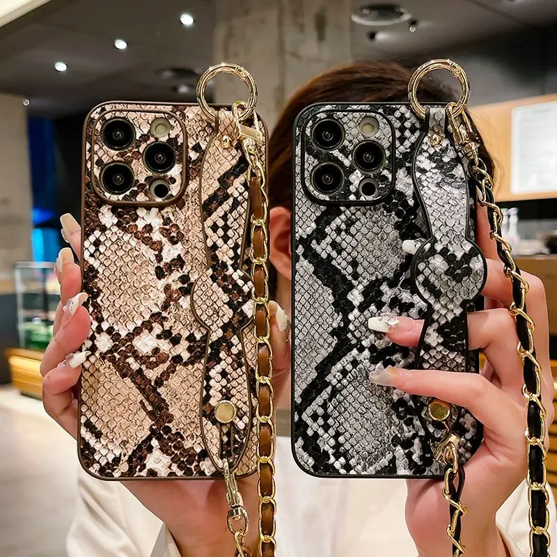 

Luxury Snake Skin Pattern All Inclusive Wristband Phone Case with Hanging Chain for iPhone 15 ProMax 14 Plus 13 12 11 XSMax XR X