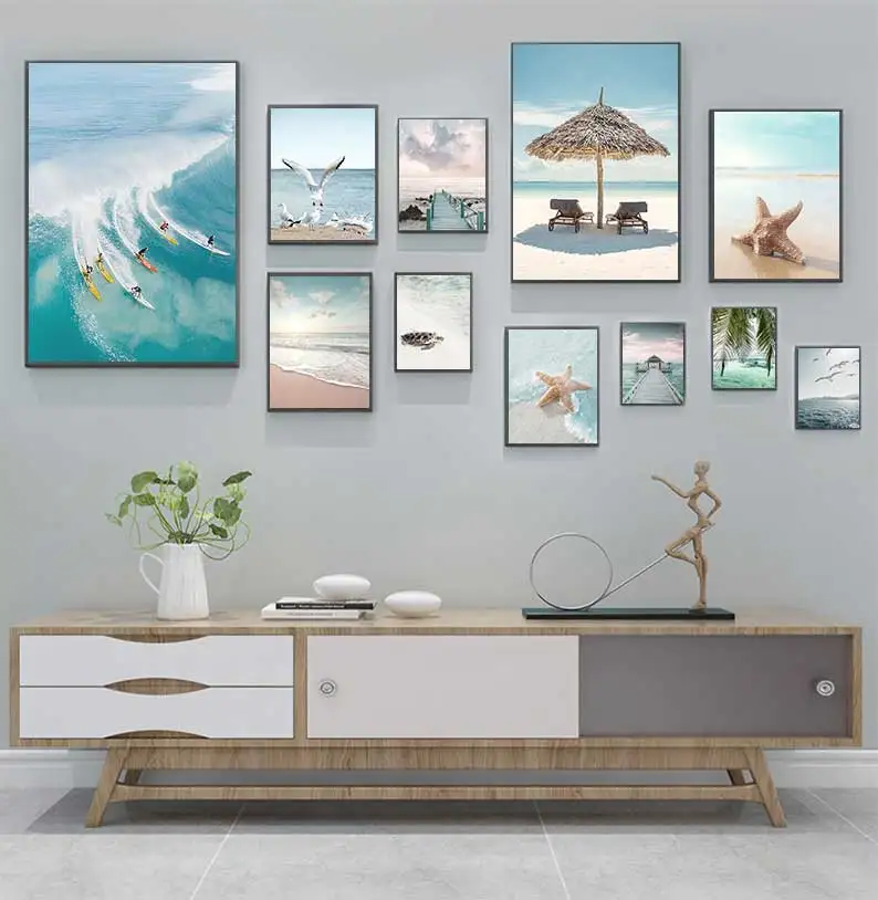 Beach Sea Ocean Canvas Wall Art Poster Bridge Leaves Turtle Seagull Print Painting Vibrant Summer Picture Nordic Home Decoration