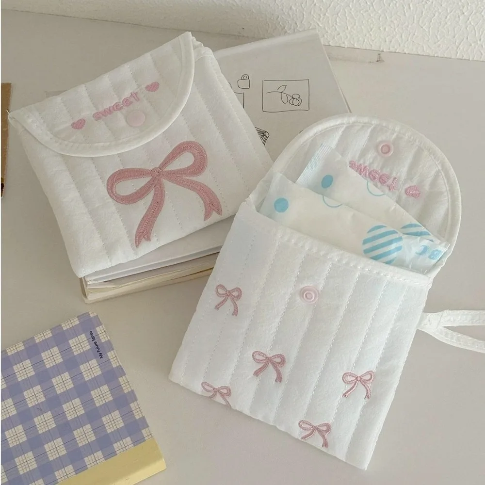 Portable Sweet Bowknot Sanitary Pad Pouch Korean-Style Mini Bowknot Storage Bag Embroidered Clutch Women
