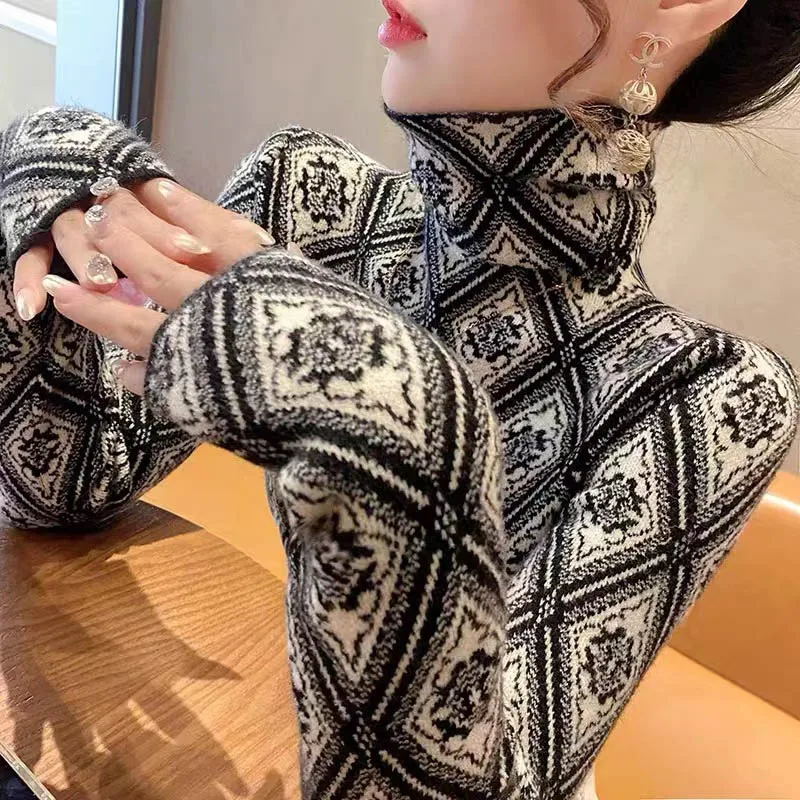 Odzież damska Moda Turtleneck Argyle Knit Pullovers Jesień Zima Eleganckie Szykowne Swetry z Długim Rękawem Office Lady Y2K Top