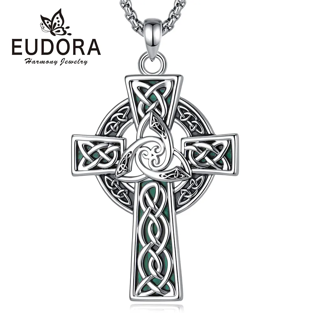 Eudora Copper Celtic Triquetra Cross Necklace Malachite Pendant Christian Amulet Religious Jewelry Fine Gift for Men Women