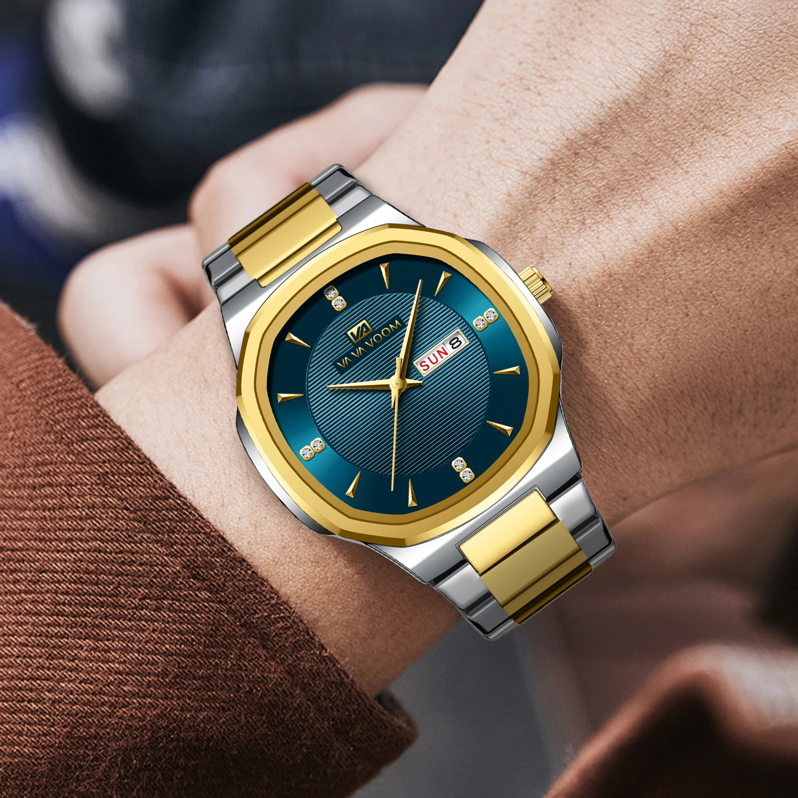 楕円形のラインストーンダイヤル付きメンズ腕時計,ステンレススチールストラップ,ゴールド,デュアルカレンダー,クォーツムーブメント,ファッショナブル,ラグジュアリー