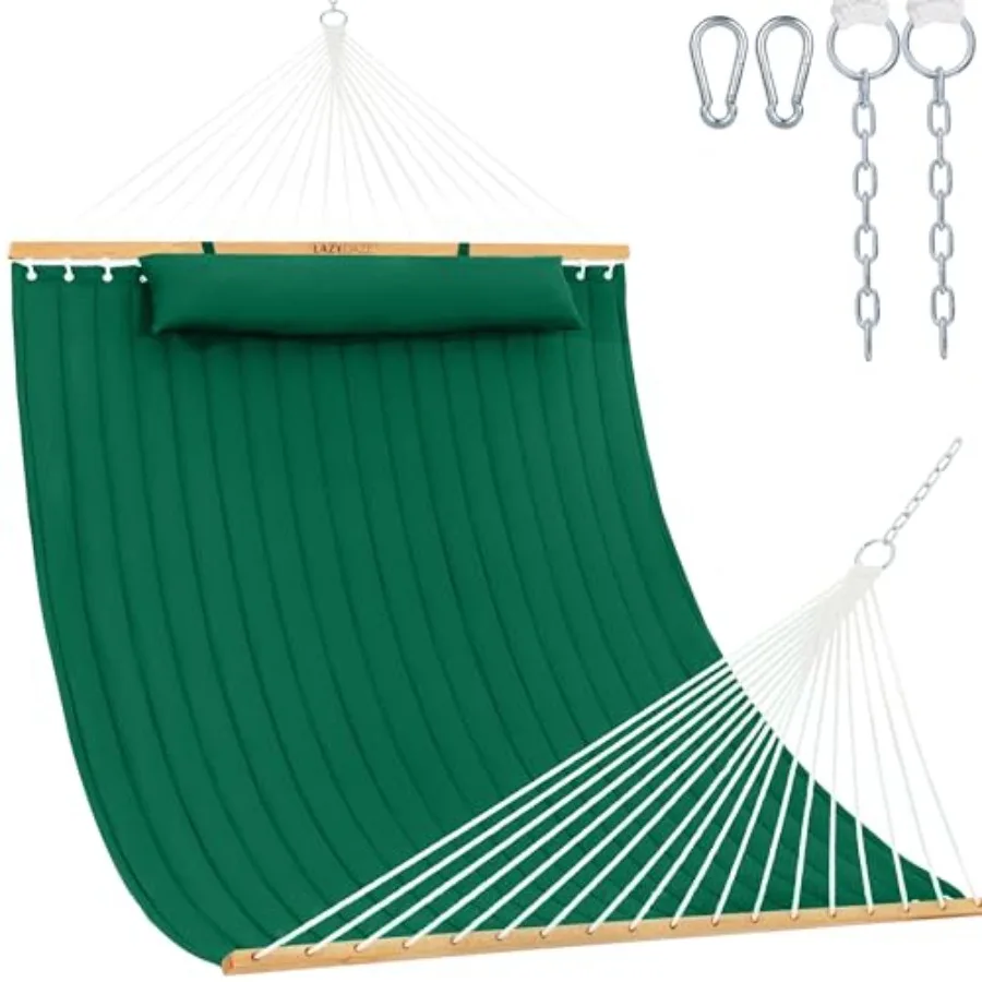 

Outdoor patio backyard poolside 2-person hammock with double quilted fabric, dark green, 450 LBS capacity, includes spreader ba