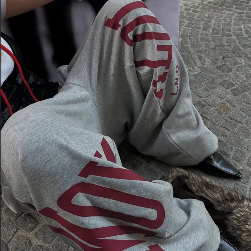 

High Street Mowalola Trousers Retro Do Old Letter Print Loose Wide-leg Grey Sweatpants Autumn Winter Casual Pants Men Women