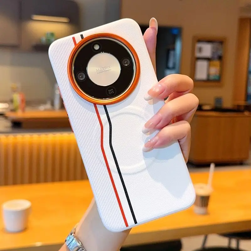 Funda para Honor Magic 8 Lite Pro X9D X70, hecha a medida, de cuero de lujo con bloques de color, botones de lente metálicos naranjas, a prueba de golpes, Fubda