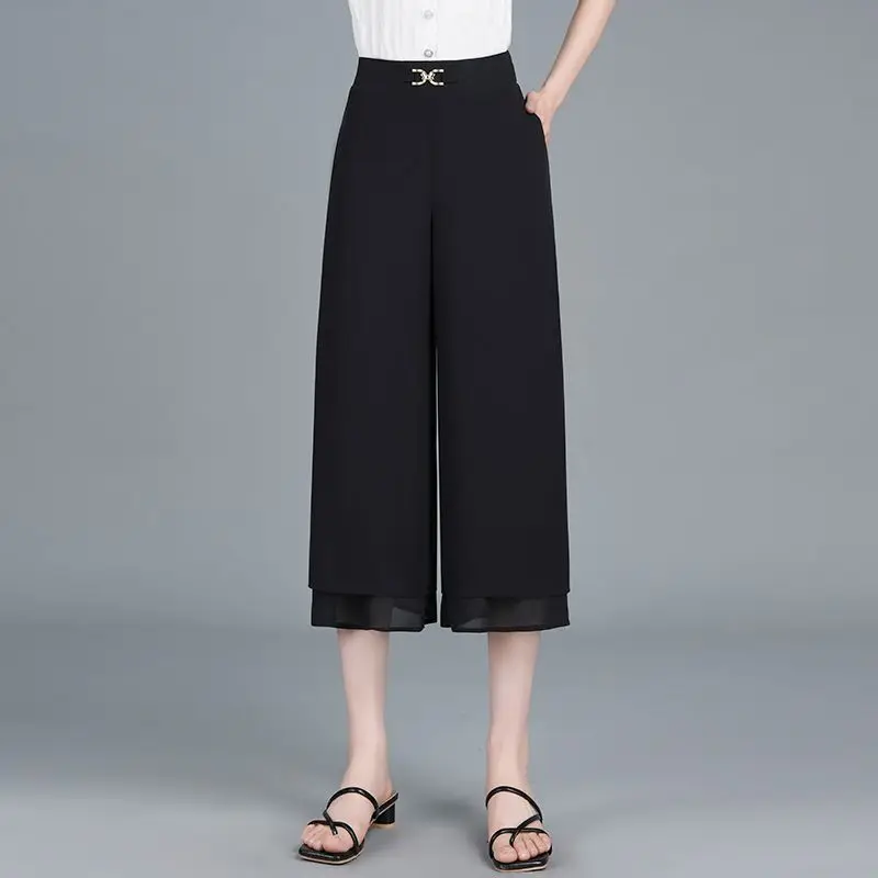 

Women's Clothing Sashes Solid Color Chiffon Pockets Elastic High Waisted Casual Trouser Suits Cropped Office Lady Vacation Pants