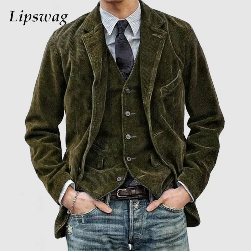 Casual Solid Color Corduroy Suit Jackets For Mens Autumn Vintage Turn-down Collar Buttoned Blazer Jacket Coat Men Fashion Coats