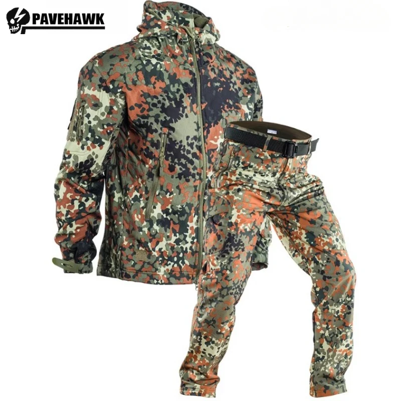 Soft Shell Winter Outdoor Training Set Men Multi Pocket Windproof Tactics Jacket+Fleece Cargo Pants 2-piece Waterproof Camo Suit