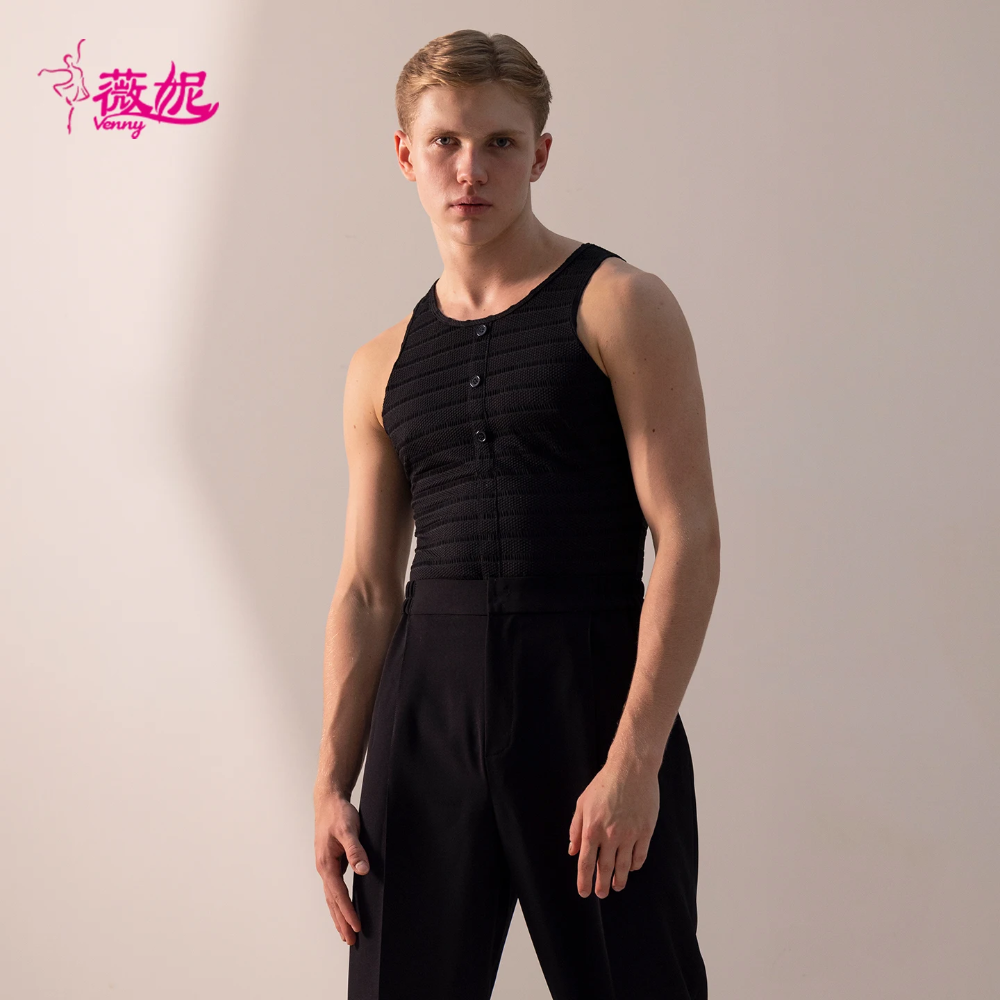 

Vennystyle Latin Dance Shirt for Men, Performance Striped Sleeveless Top, Ballroom Practice Wear, Standard Exam Training Shirt