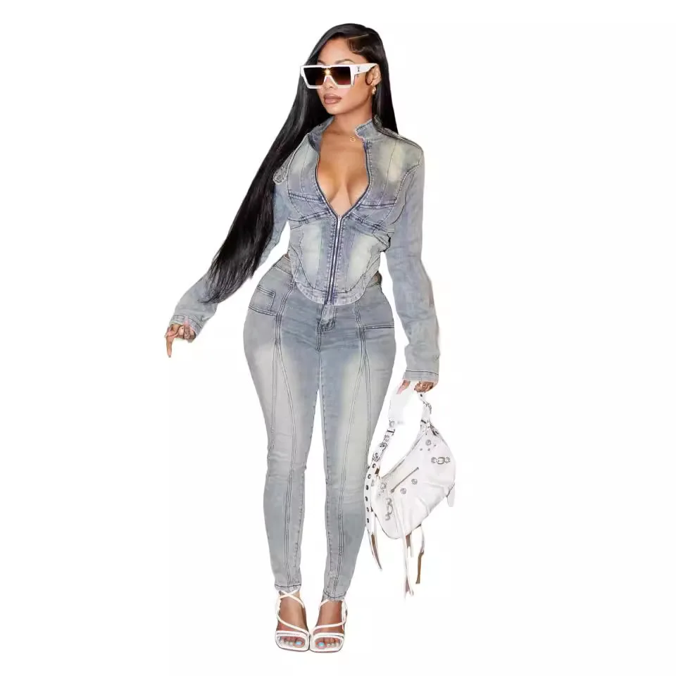 Setelan Denim Fashion Wanita Jaket Lengan Panjang V-neck + Celana Jeans 2024 Musim Gugur Streetwear Dua 2 Potong Setelan Tracksuit