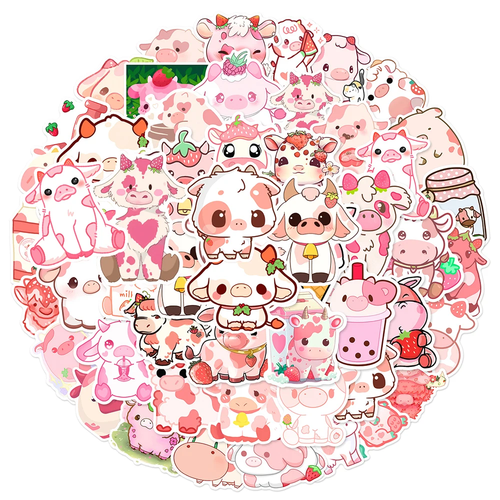 10/50Pcs Cartoon Cute Pink Cow Varied Stickers Pack for Kids Cup Travel Luggage Scrapbooking Notebook Decoration Graffiti Decals