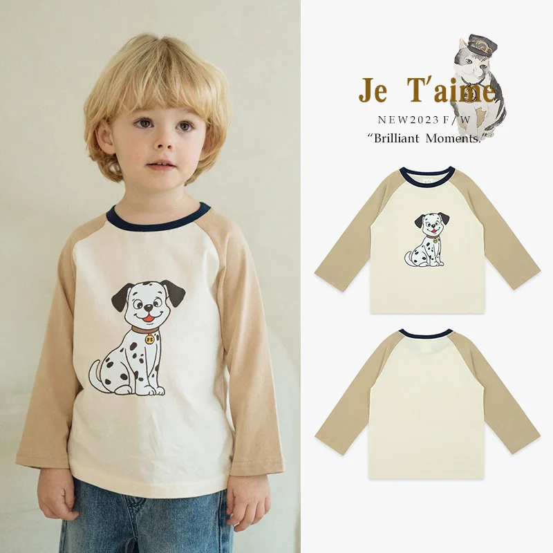 

Jenny&Dave Spot 23 Autumn New Children's Casual Bottom Shirt with Cute Spotted Dog Print Color Block Raglan Long Sleeve