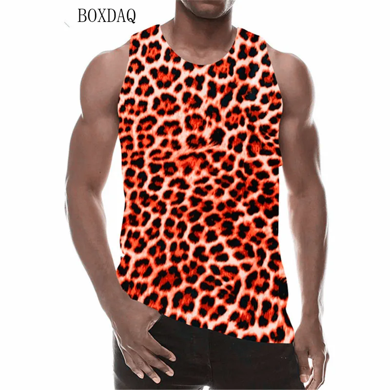 Fashion Leopard Men\'s Tanks Summer Sleeveless Animal Pattern 3D Print Male Vest Loose Casual Round-Neck Sporty Gym Tops Hip Hop