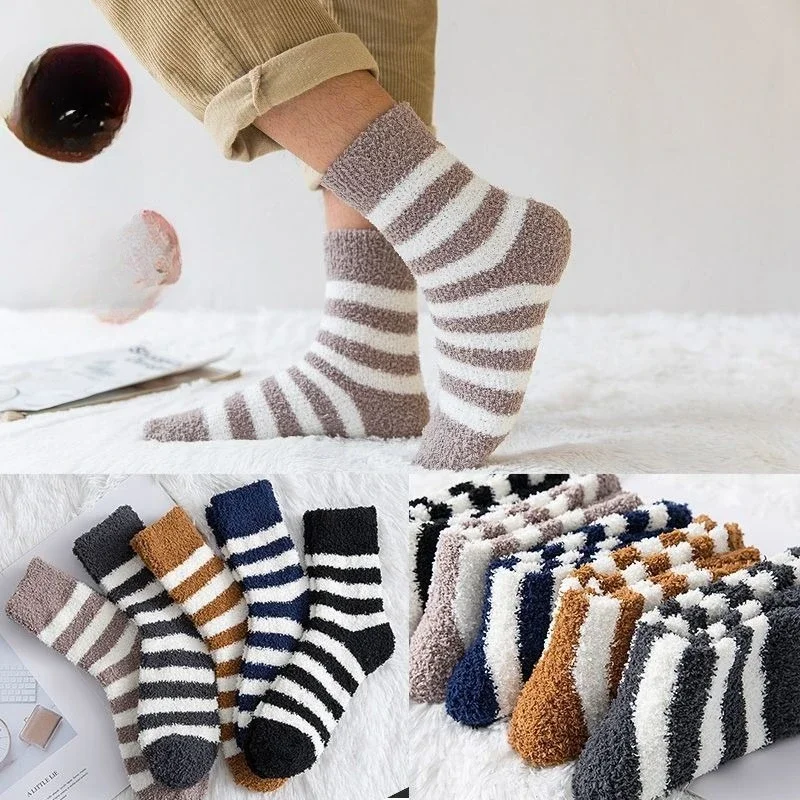 

1/5 пар мужских и женских зимних носков из кораллового флиса, модные полосатые, толстые, плюшевые, теплые, удобные домашние носки для мужчин