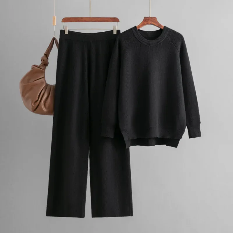 Autumn Winter New Thickened Sweater Suit Women Loose Knitted Long-sleeved O-Neck Wide Leg Pants Fashion Two-piece Set for Women