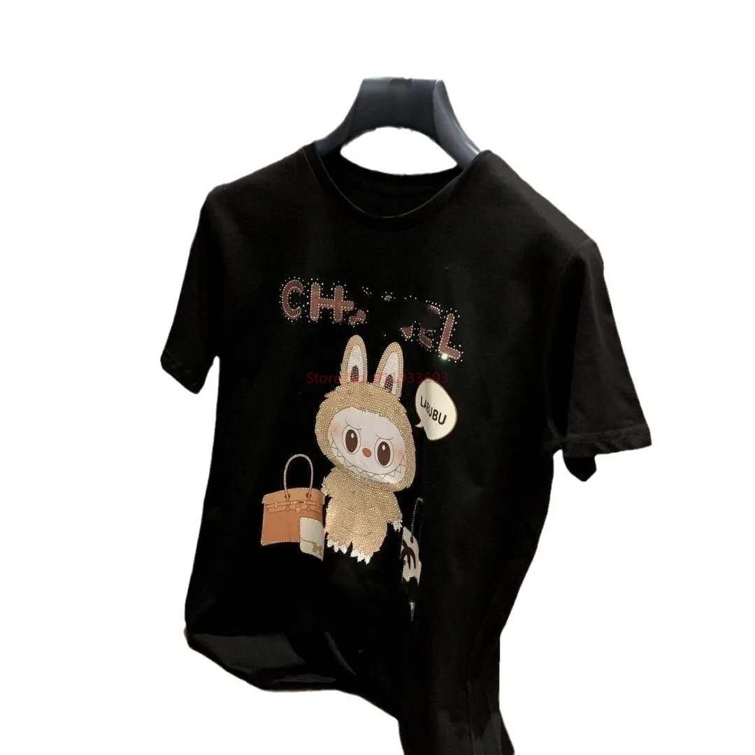 Large Hot Diamond New Labubu T-Shirt Lazy Wind Short Sleeve Cartoon Cute Creative High-Value Couple Jacket Trend Shirt Gift Toy