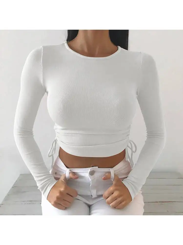 

Sexy O Neck Long Sleeve Bodycon Cropped Tops Autumn Women Irregular Drawstring Bandage Knitted Solid T Shirt