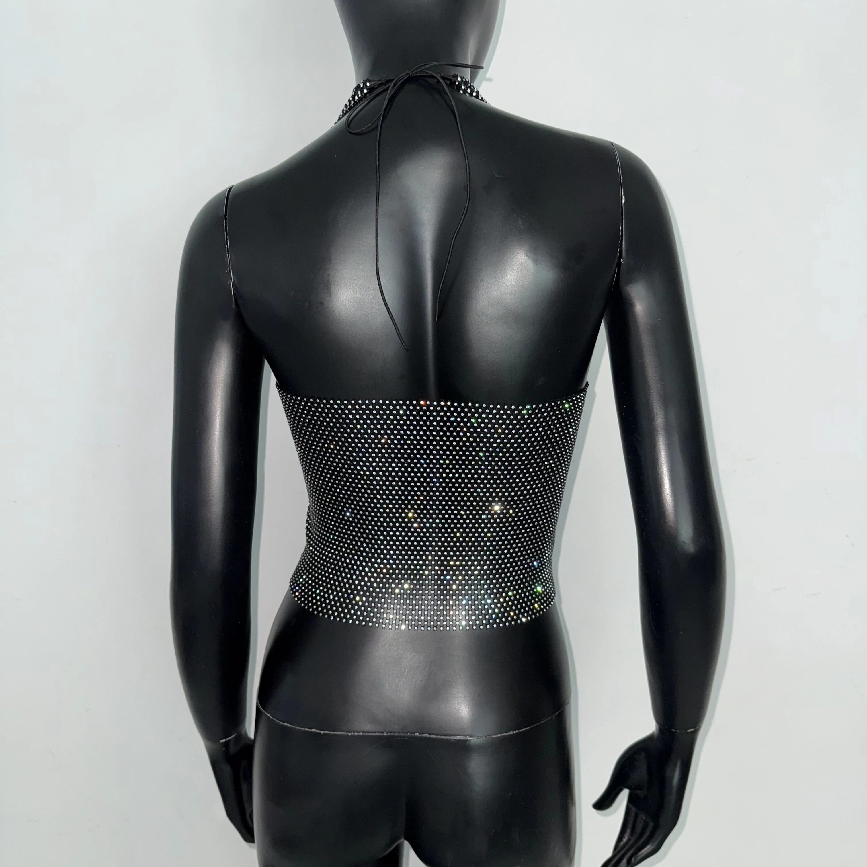 See Through Mesh Tank Top  Shiny Rhinestone Hollow Out Bandage Camisole Sexy V Neck Backless Nightclub Crop Top Women Party Top