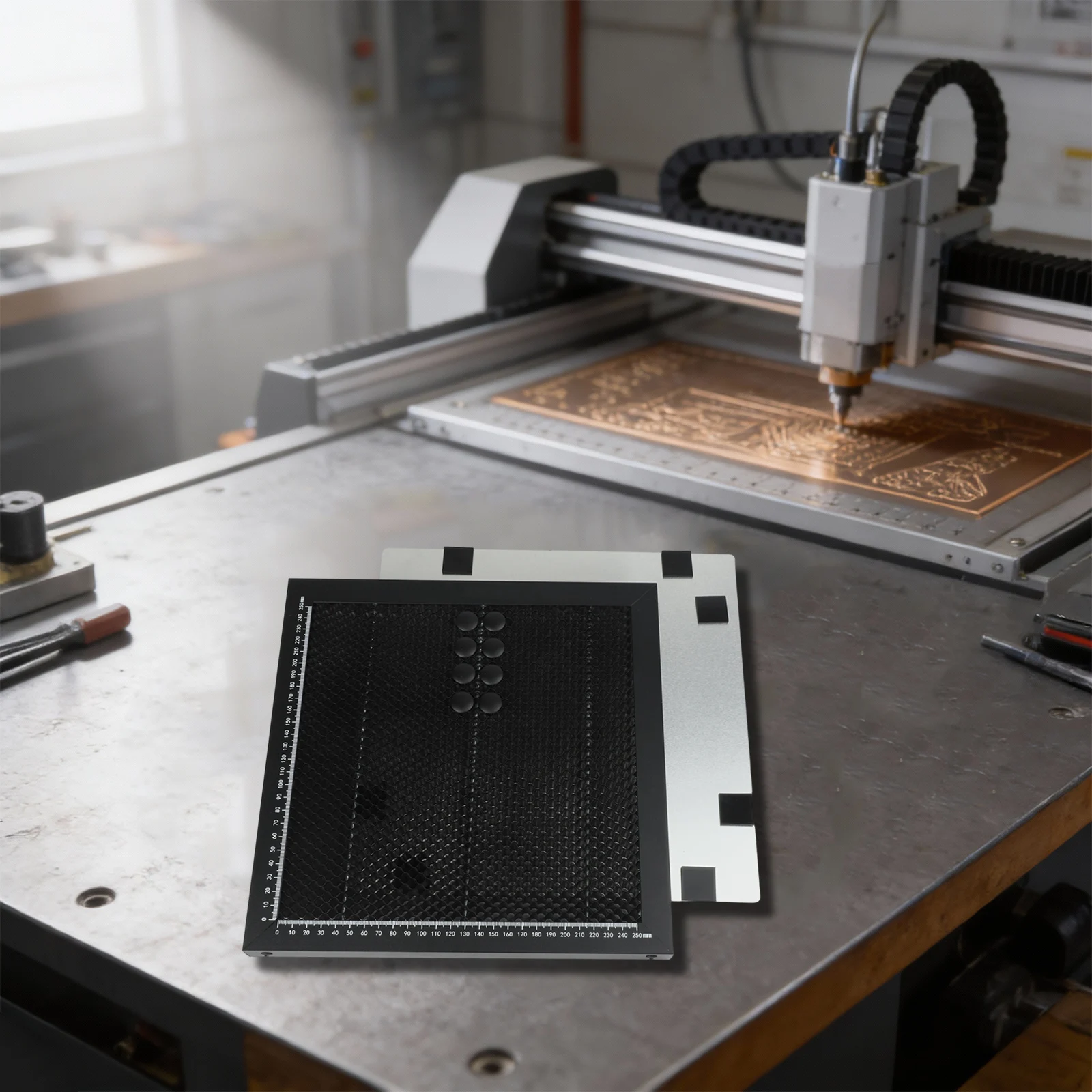 

Рабочий стол для гравировального станка для сотовых панелей и алюминиевых пластин 300х300 миллиметров с разметкой