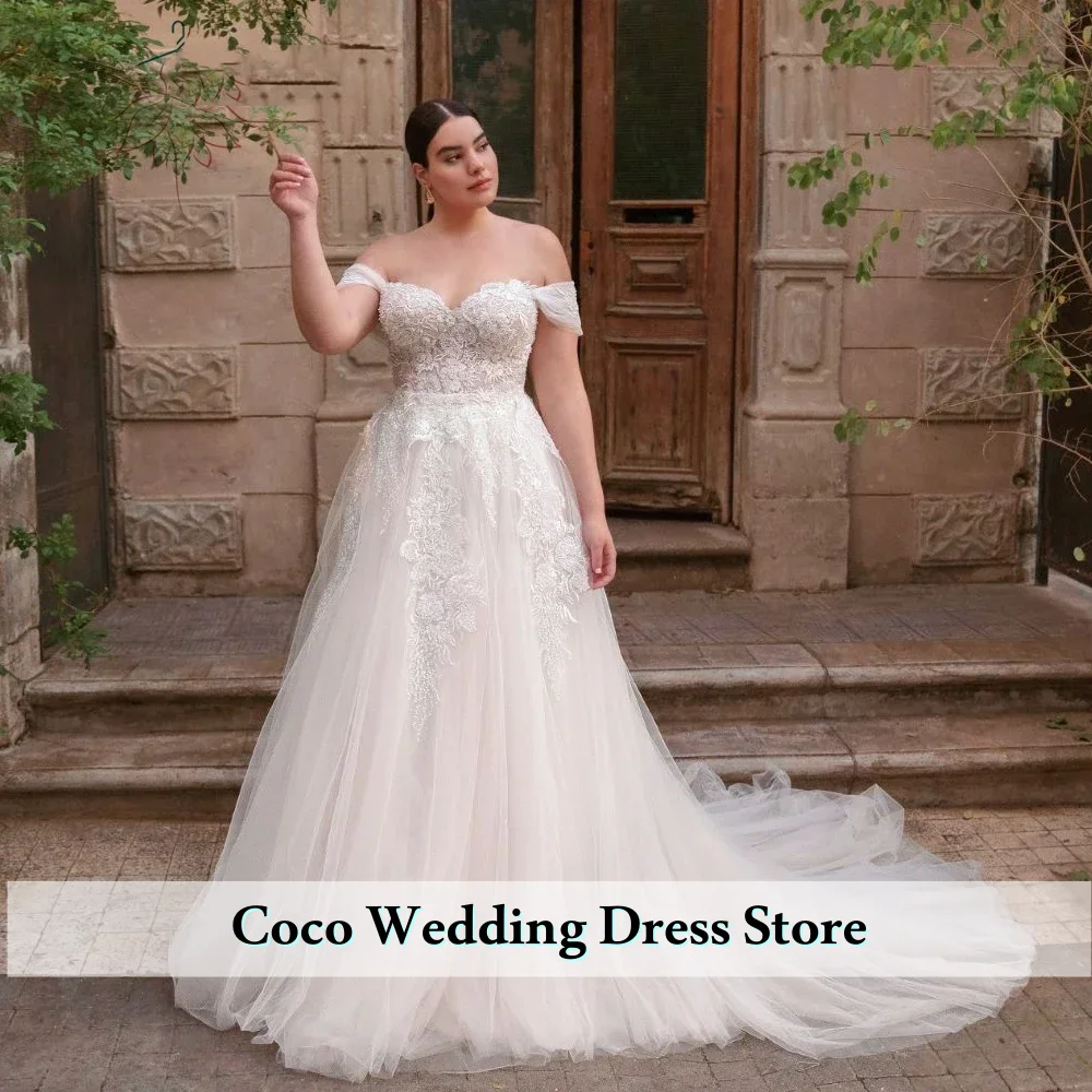 Robe De mariée trapèze personnalisée, épaules dénudées, col en cœur, avec des Appliques en Tulle