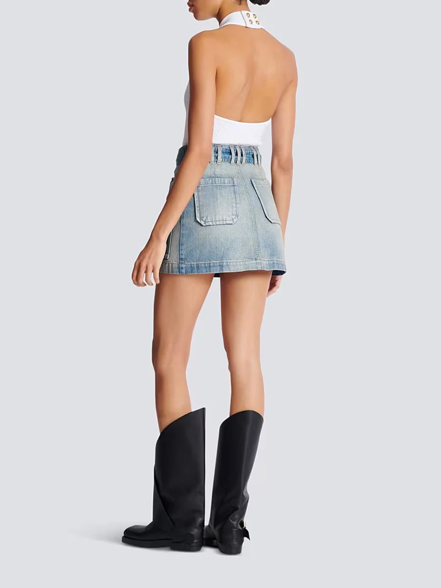 TWOTWINSTYLE Hot Girl Style Cargo Gonne corte per le donne Vita alta Patchwork Lace Up Nozioni di base alla moda Gonna di jeans Donna Nuovo