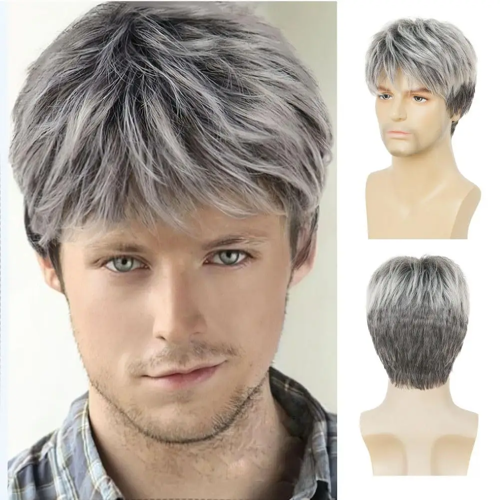 

Men's Gray Layered Short Wig - European and American Men's Synthetic Fiber Wig Suitable for Daily Wear